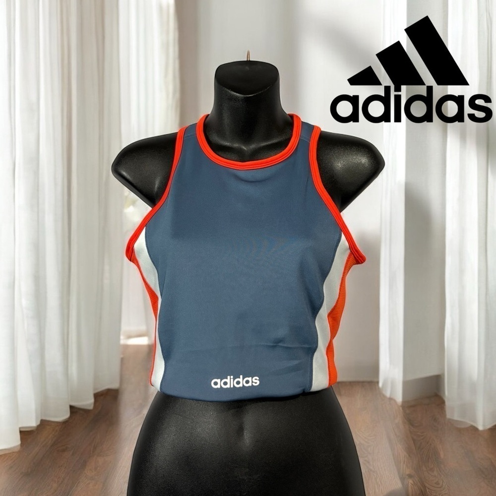 Adidas, Climalite Cropped Tank Top, Size S, Gray, Orange, White 🏃♀️➡️